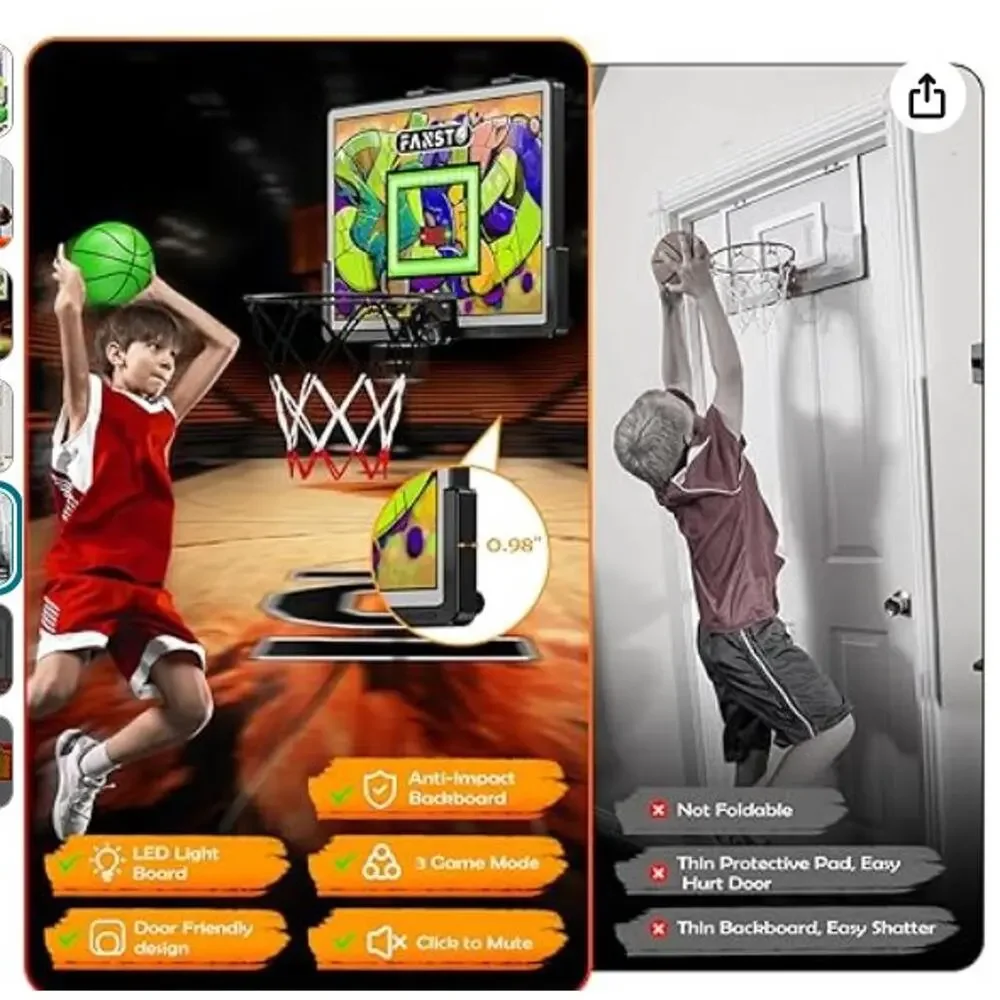 Indoor Basketball Hoop, 4 balls, Over The Door LED 2 Game Mode& Mute Mode